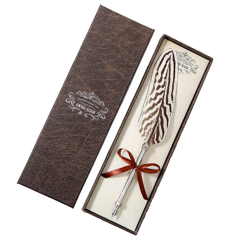 Elegant retro feather pen in a luxury gift box, featuring a sleek stainless steel casing and a stunning array of authentic feather designs.
