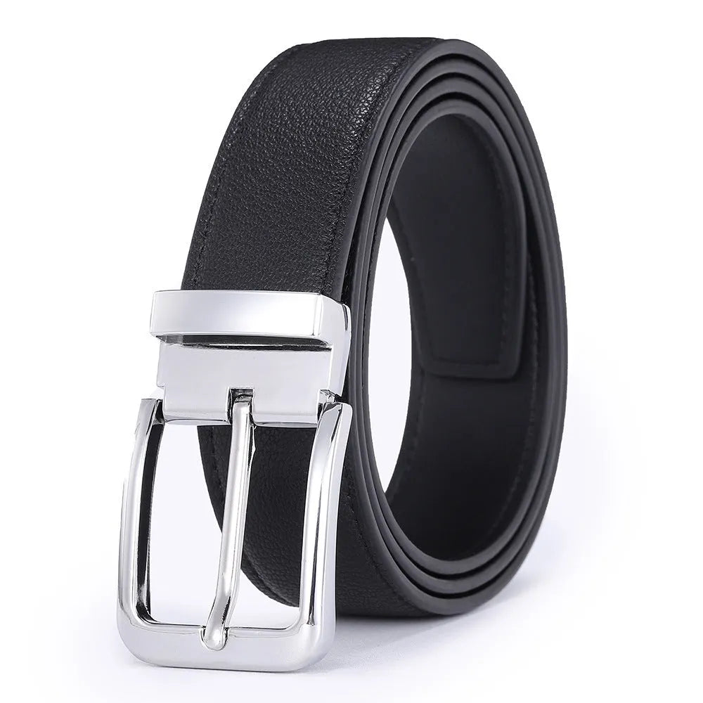 Men's genuine leather belt with an alloy pin buckle showing an embossed water drop pattern.