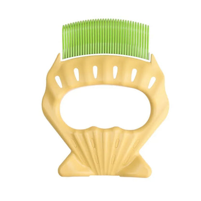 Green shell shaped pet grooming comb with bent wire bristles for removing loose hairs from dogs and cats