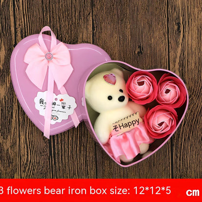 Handmade soap flowers in red heart-shaped tin box measuring 12x12x5cm