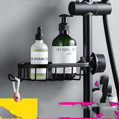 Elegant black aluminium shower storage rack, 12cm deep single shelf mounted on bathroom tile, holding shampoo bottles securely without drilling