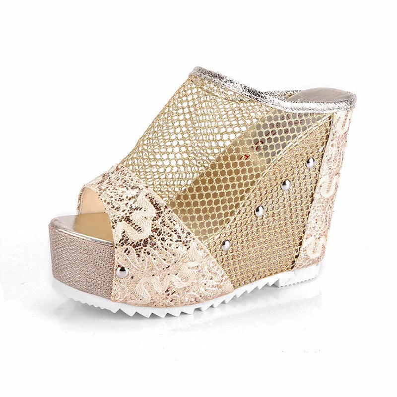 Korean-style platform flip flops with hollowed chunky heels and lace detailing on mesh upper