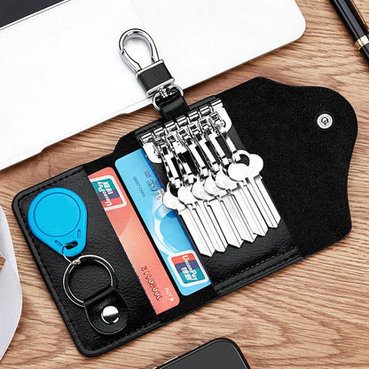 Genuine leather keychain card holder in square vertical design with internal key mapping structure