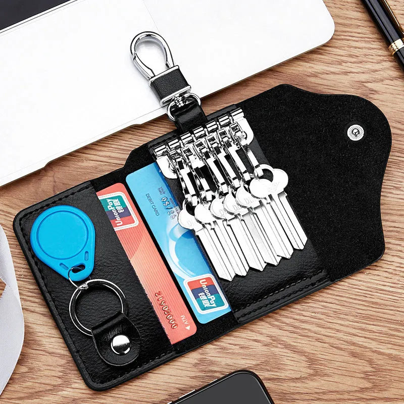 Men's genuine leather keychain card holder with key mapping internal structure, soft surface square vertical design in black, blue, brown, or red colour for multi-functional storage of cards and keys