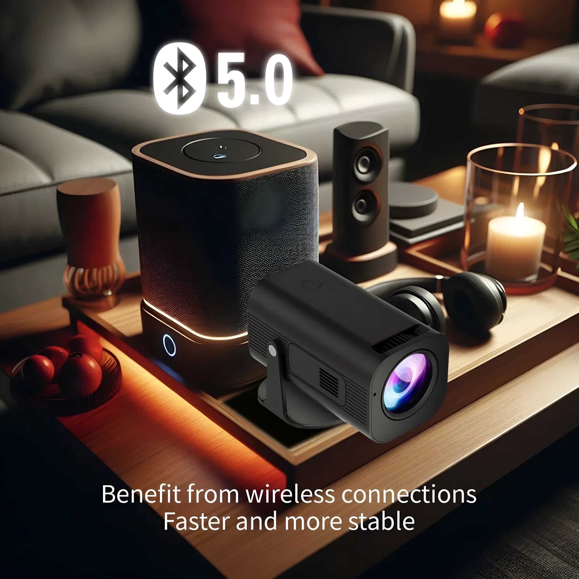P330 portable mini projector in black or white with remote control on a table.