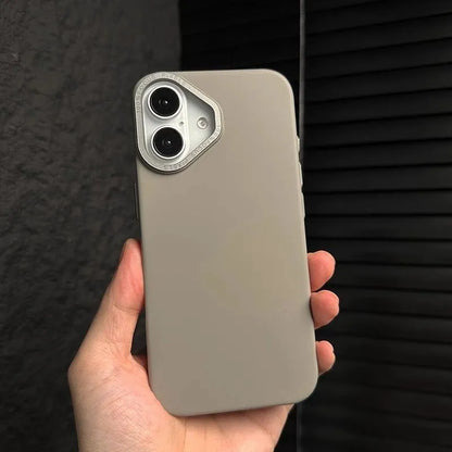 Ultra-thin frosted phone case with metal buttons and large metal hole in black for iPhone 14