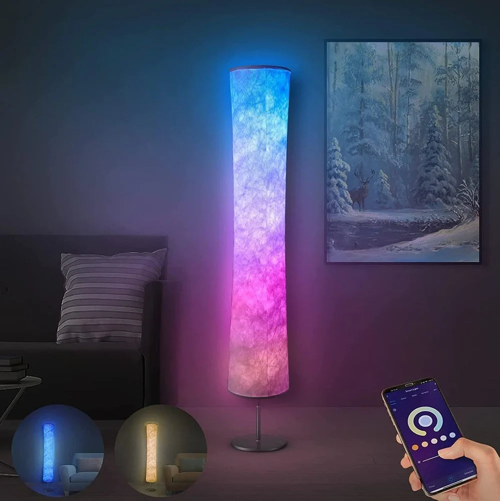 Circular fabric floor lamp with RGB lighting standing 1.66 metres tall with remote control