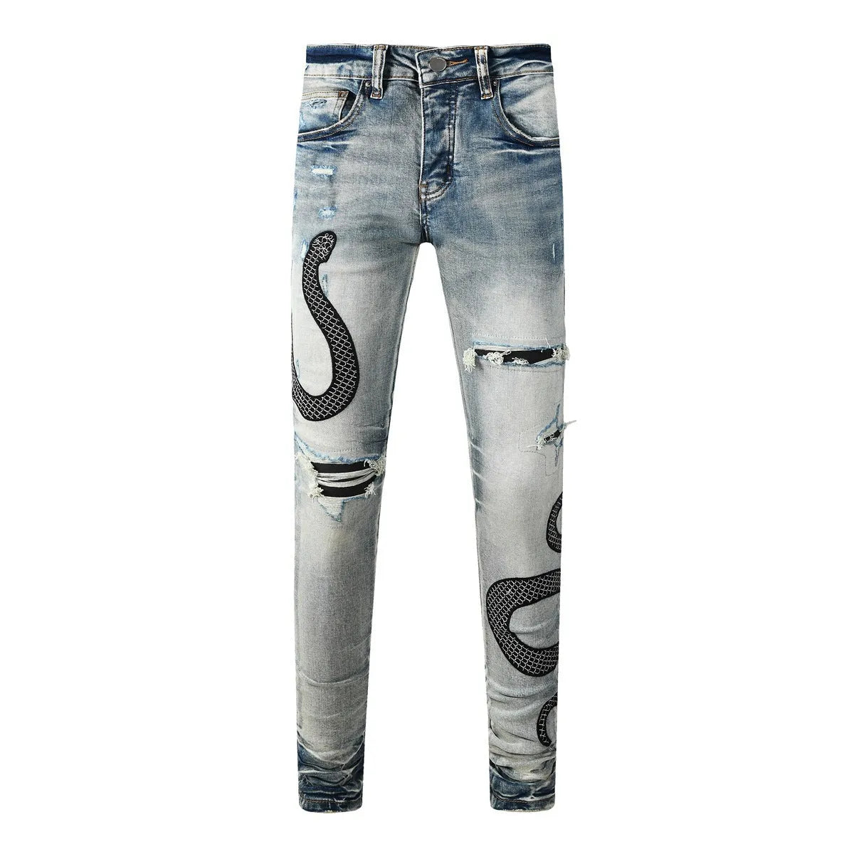 Blue distressed skinny jeans with street fashion wash and mid waist design
