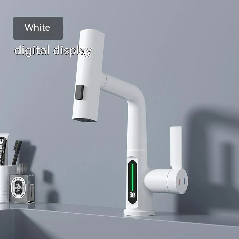 Sleek digital faucet with temperature display, 360° rotation, and pull-out hose for modern kitchen and bathroom needs