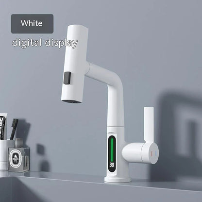 Sleek digital faucet with temperature display, 360° rotation, and pull-out hose for modern kitchen and bathroom needs