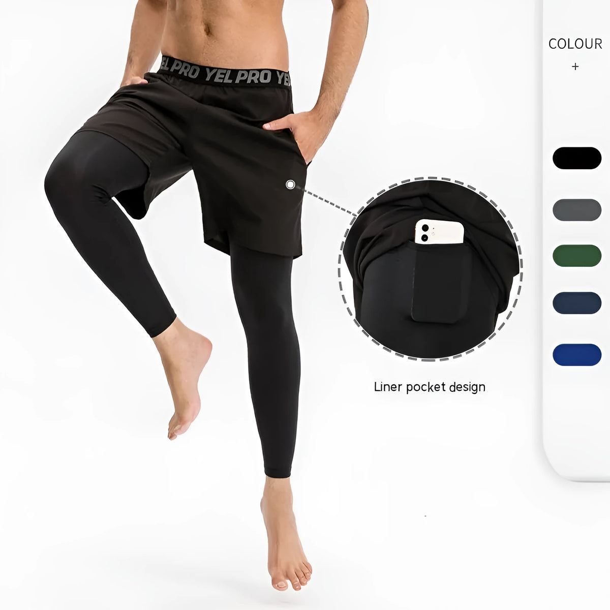 Men's tight fitness pants in polyester spandex fabric showing quick-dry properties and high elastic compression for athletic training