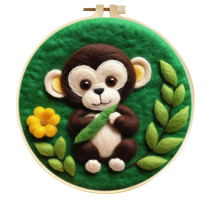 Round three-dimensional embroidery kit with linen fabric, wool felt pieces, and embroidery frame for 20x20 cm blanket painting