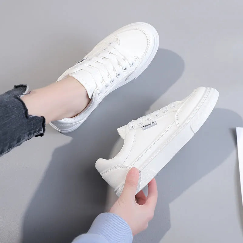 Korean style solid colour low-top sneakers for women with artificial PU upper in white and brown options