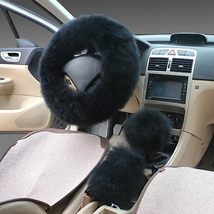 Wool steering wheel cover and handle cover set for car interiors