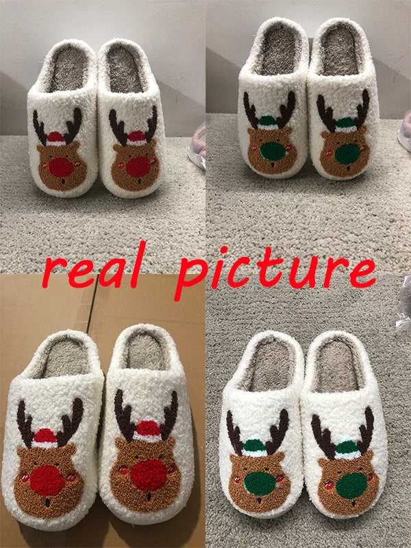 Cozy elk-themed winter home slippers in various candy colors with soft suede upper and supportive EVA sole