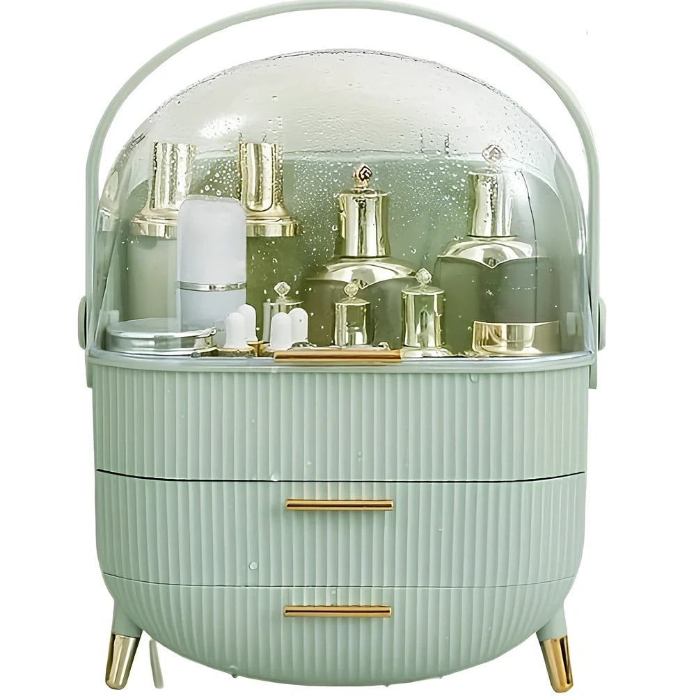 Green cosmetic storage box with cover for skincare product organisation and dust protection