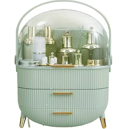 Green cosmetic storage box with cover for skincare product organisation and dust protection