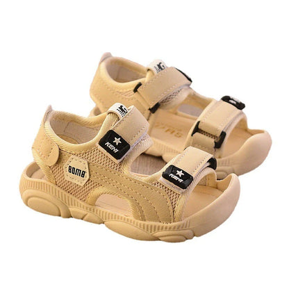 Boys' summer beach shoes with soft soles and anti-kick design in white, red, and blue