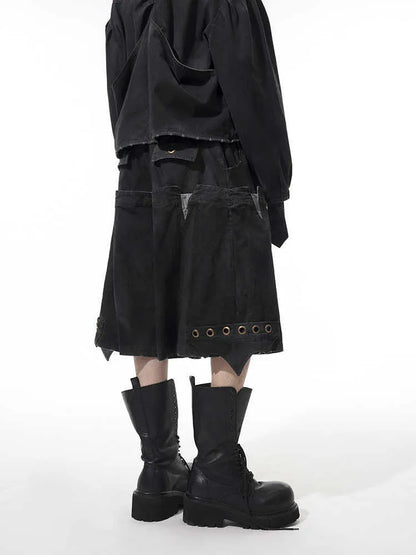 Men's black double waist cropped pants with washed stitching detail and loose fit