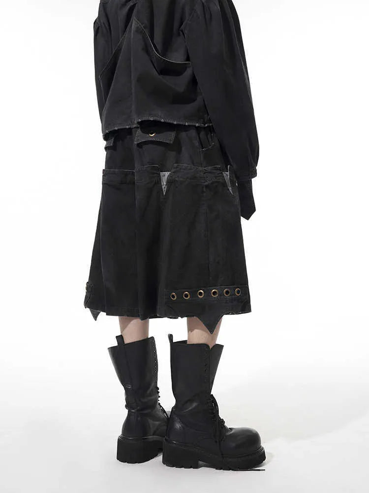 Men's cropped pants with double waist and loose fit featuring washed stitching detail in mid-high waist design with micro-elastic fabric available in black pants size range S, M, L, XL