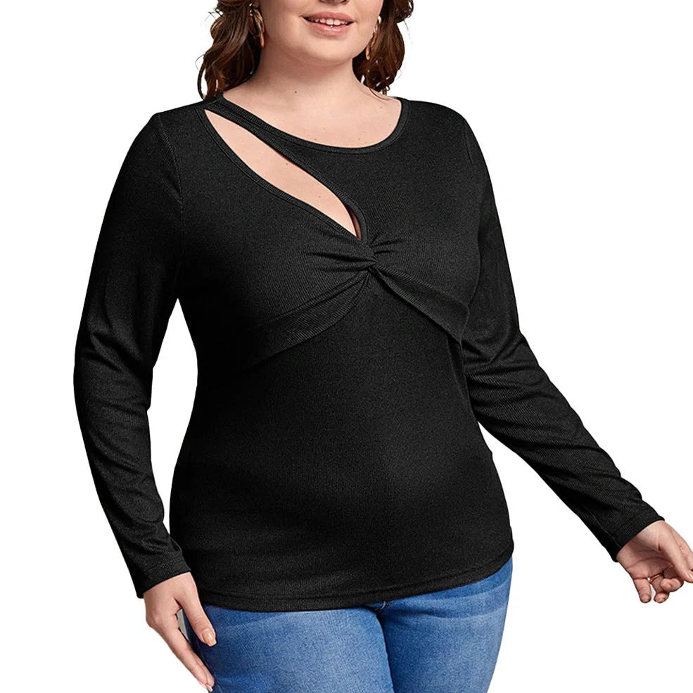 Black women's long-sleeved top with hollow-out design detail, slim fit with 3D cutting