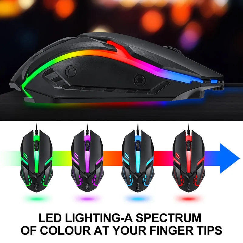 Thunder Wolf gaming keyboard mouse set with luminous effects and matching headset on mouse pad