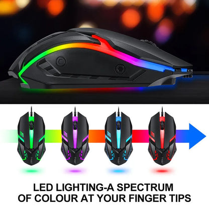 Thunder Wolf gaming keyboard mouse set with luminous effects and matching headset on mouse pad
