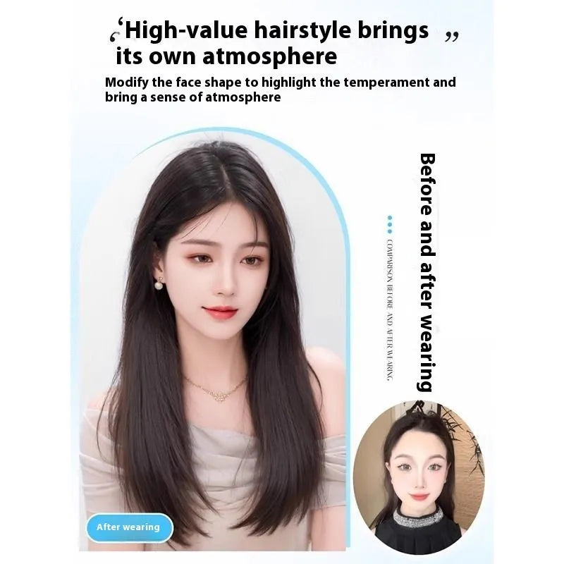 Women's full-head wig made from high temperature artificial fibre, natural style wig for ladies with pre-styled Chinese character bangs in a brown black colour for any skin tone.