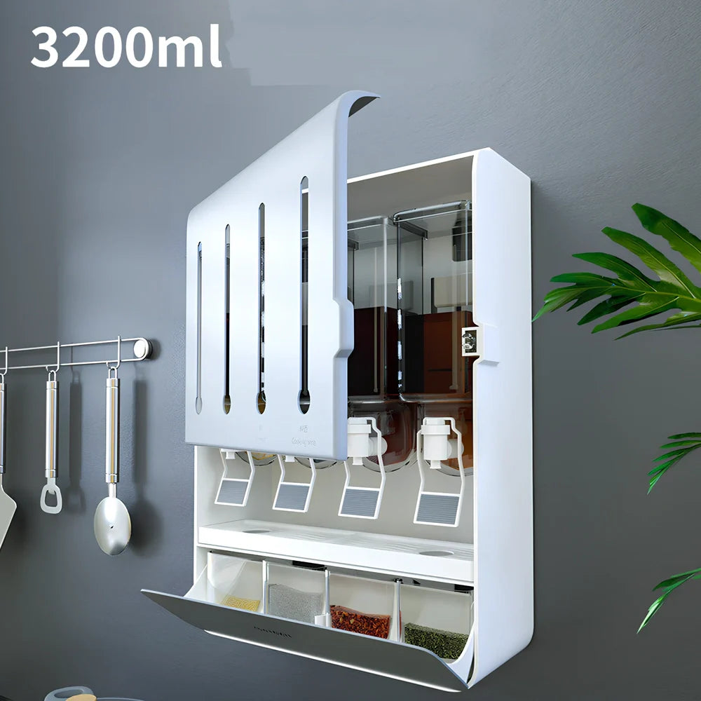 Wall-mounted grey seasoning box with four liquid and four powder compartments measuring 30x42x7cm