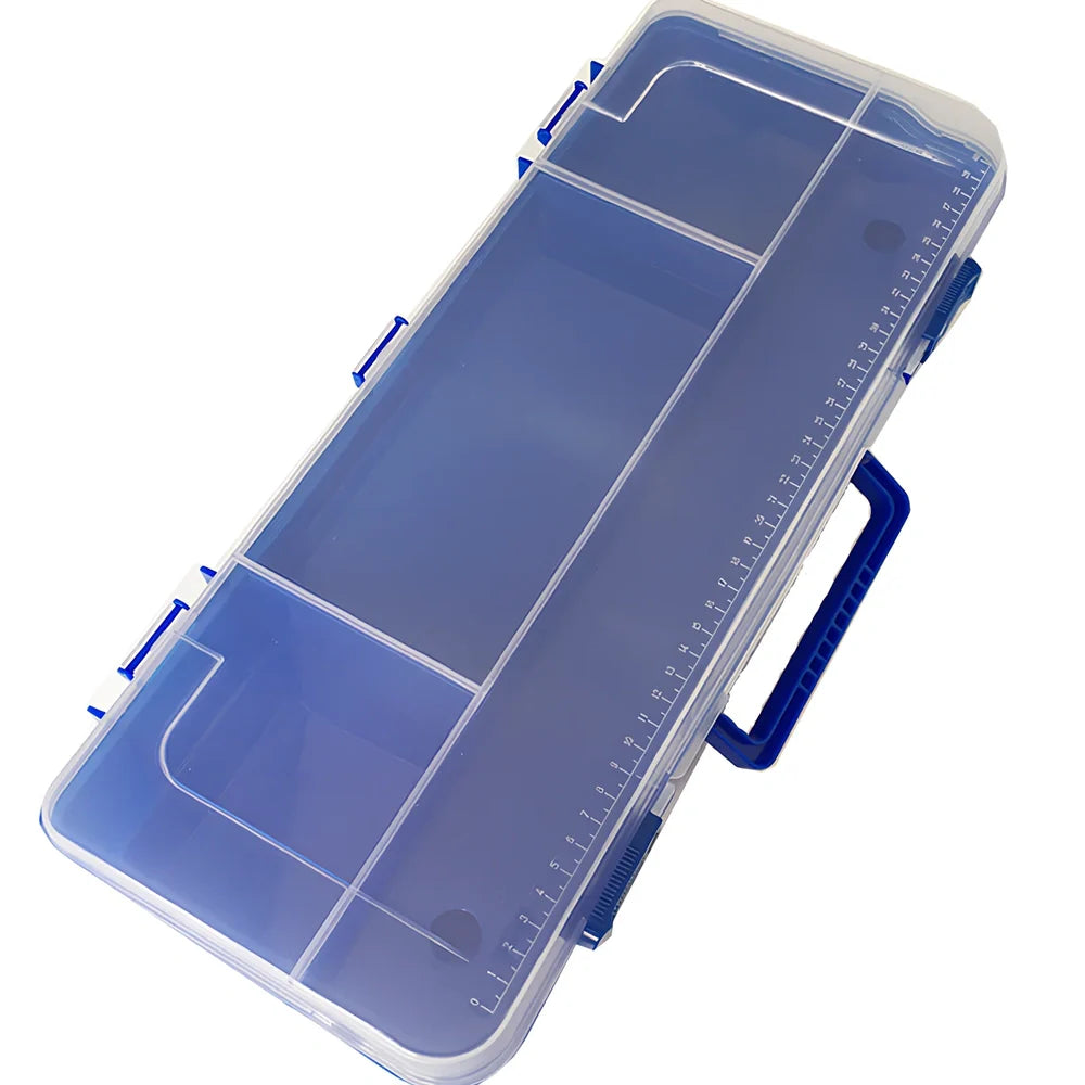 Portable fishing lure box set measuring 46cm with rod, vessel, and 125 fishing accessories organised in compartments