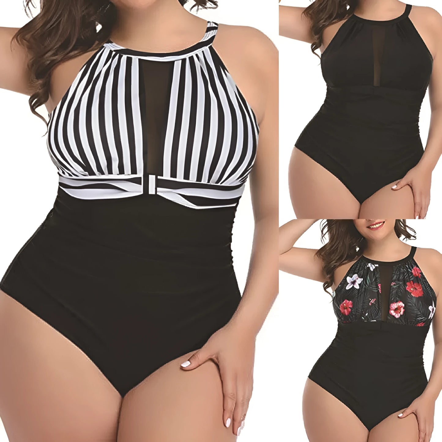 Women's black one-piece swimsuit with lace trim on display, showing front design and fabric detail.