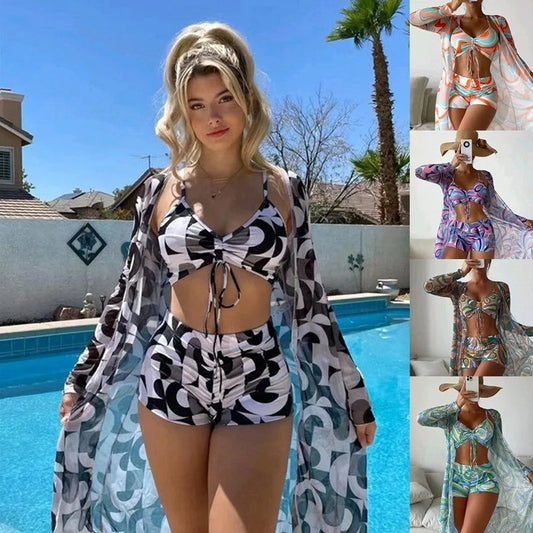 3-piece Pring bikini set with long sleeve cardigan in floral pattern