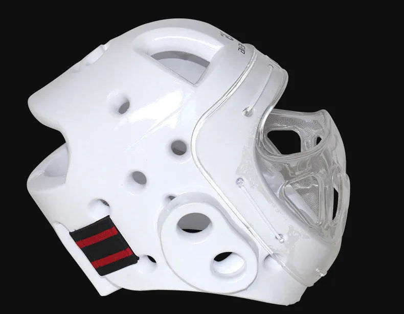 Karate helmet protective headgear in red, white or blue colours available in S, M, L, XL sizes for martial arts training.