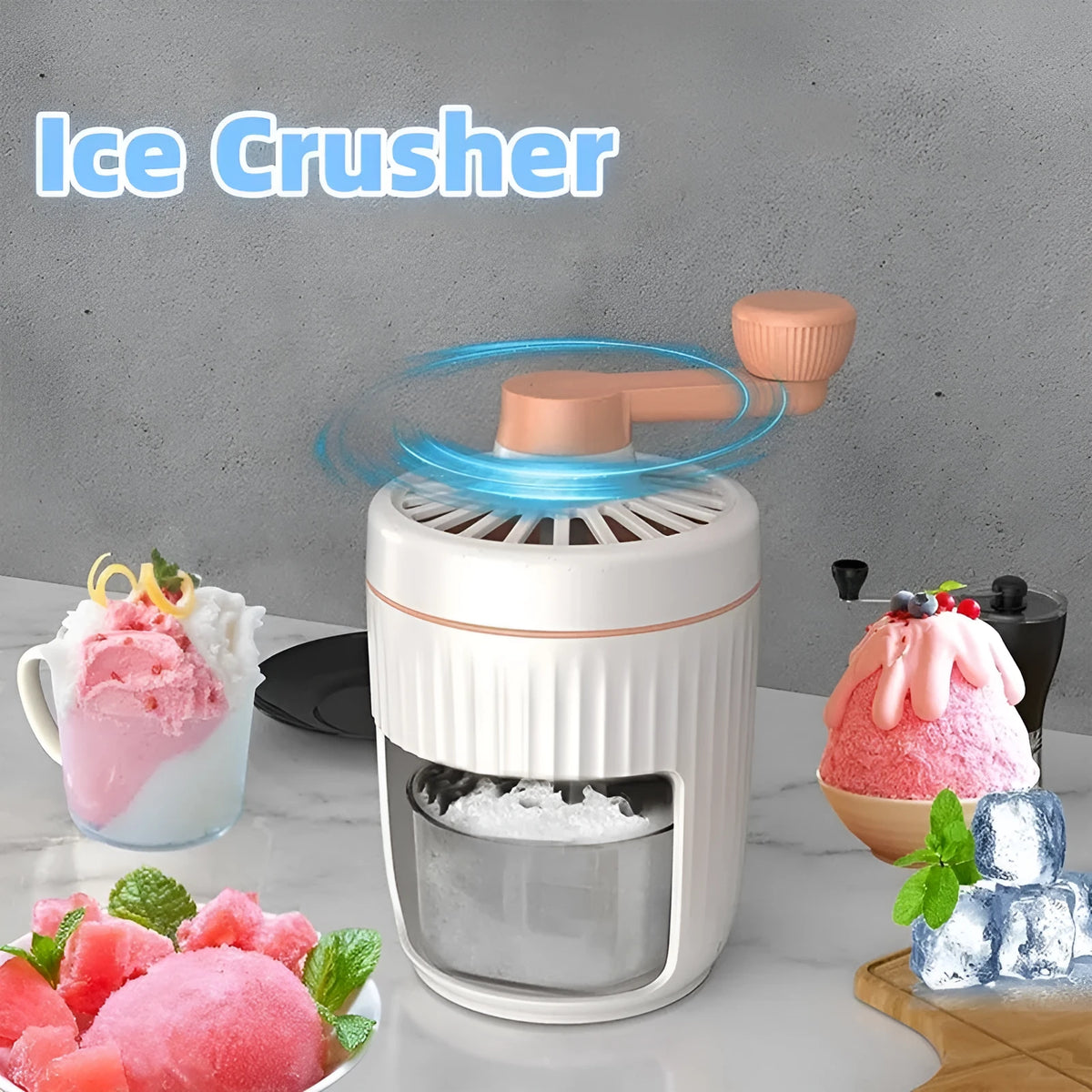 Green hand-cranked ice shaving machine with detachable ice box for making snow cones