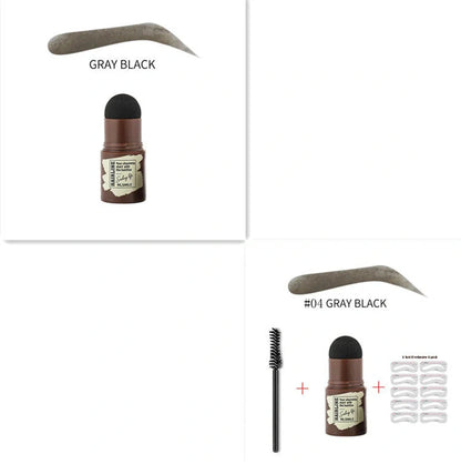 Eyebrow stamp kit with powder compact, air cushion applicator, 10 stencil cards, and dual-ended brow brush on white background