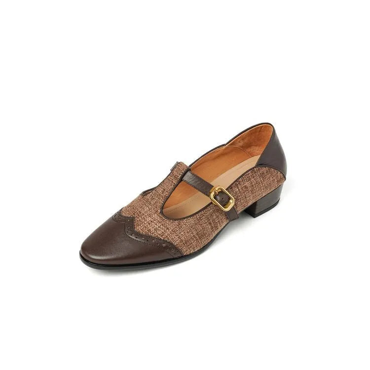Women's low-cut Mary Jane pumps with chunky 1-3cm heel, T-strap, round toe, cowhide upper, in Black or Tea Brown