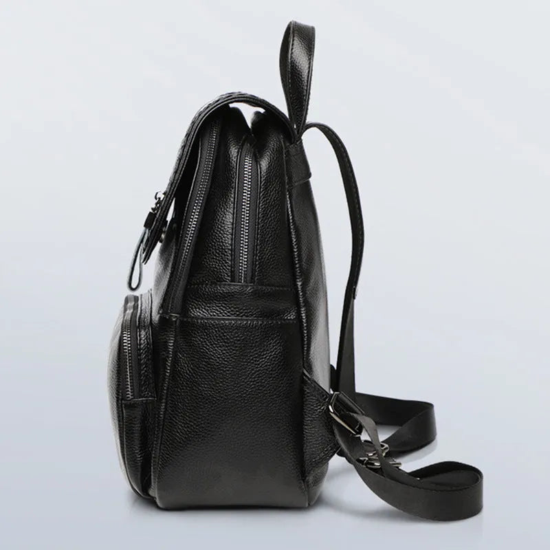 Blue genuine leather women's backpack with external sandwich pocket and internal organiser compartments
