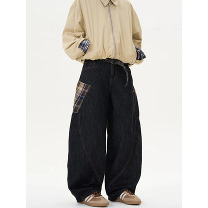 Loose straight-leg cotton trousers in a red plaid pattern, laid flat.
