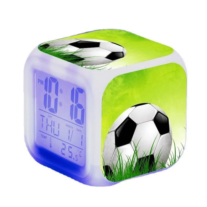 Football pattern digital alarm clock with mute function in compact square design