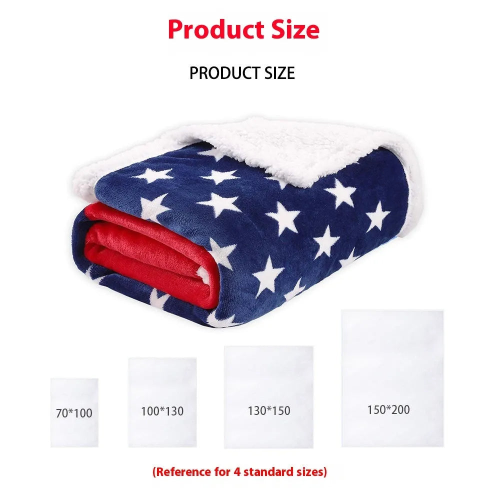 Stripe pattern polyester blanket shown in three size options for beds.