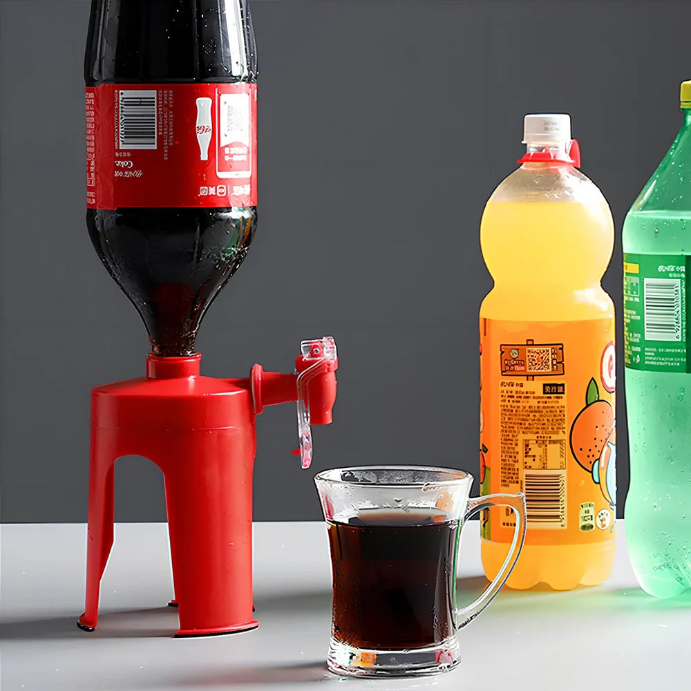 Red automatic soda dispenser gadget attached to beverage bottle for hands-free pouring