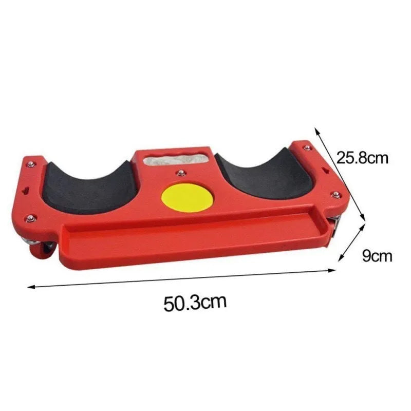 Plastic car repair knee board with universal wheel, shown in blue or red, for household kneeling tasks