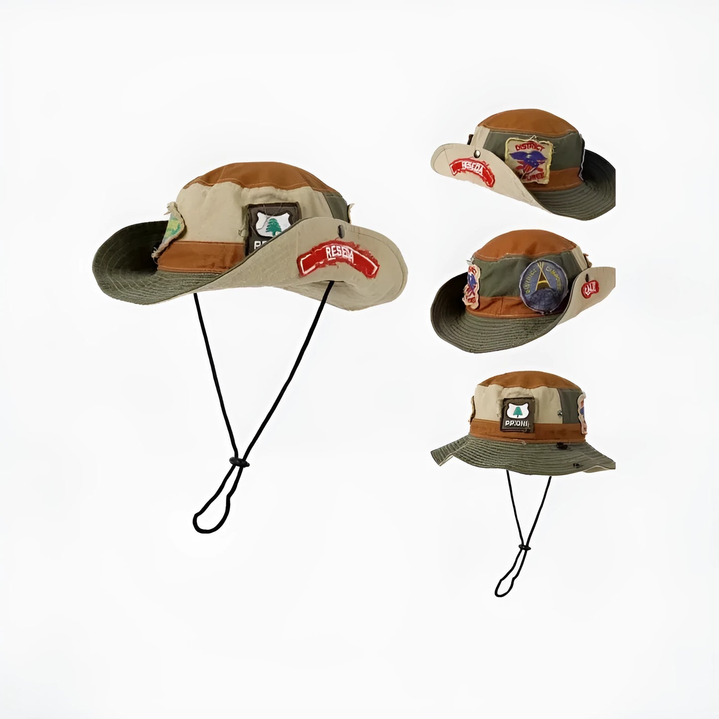 Army Green women's fisherman hat with flat top crown and retro patchwork design