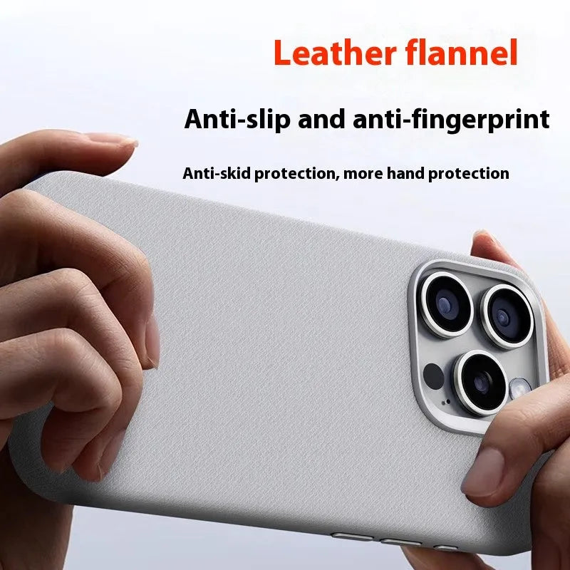 Leather flannel magnetic phone case for iPhone in silver gray, light blue, black, dark purple, bean green, fir green, orange, dark blue with frosted finish