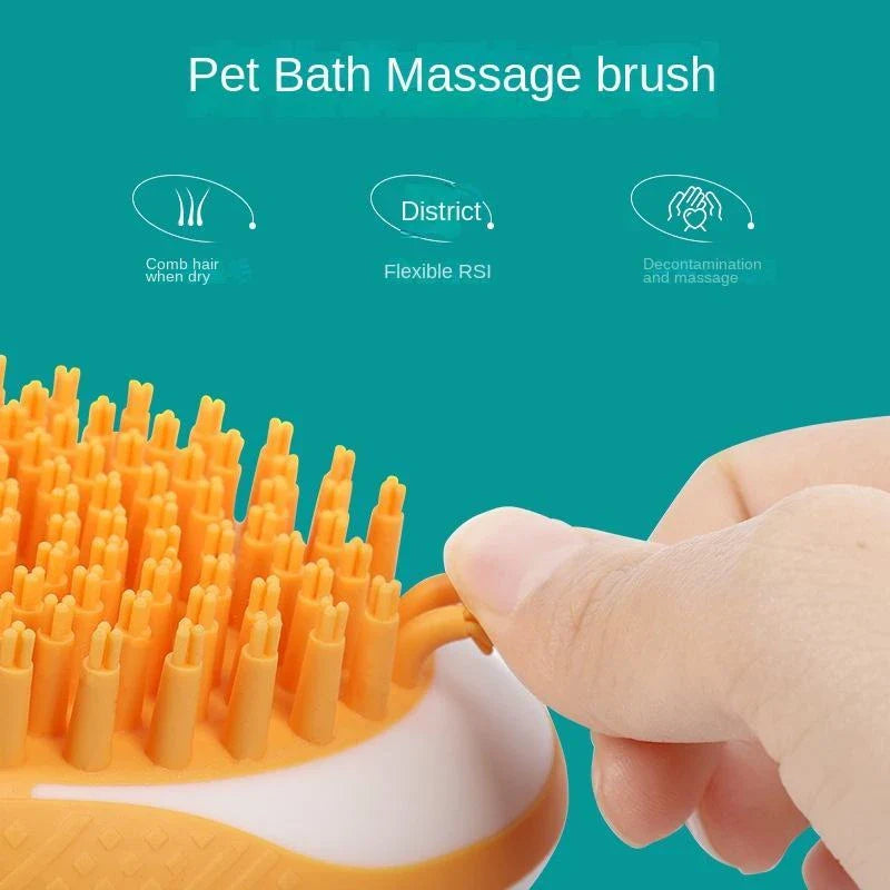 2-in-1 pet grooming brush with soft silicone bristles, shampoo reservoir, and ergonomic grip for bathing and massaging cats and dogs