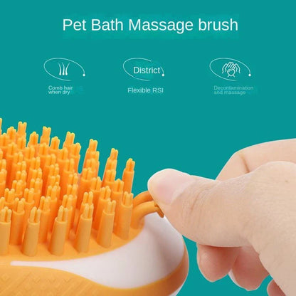 2-in-1 pet grooming brush with soft silicone bristles, shampoo reservoir, and ergonomic grip for bathing and massaging cats and dogs