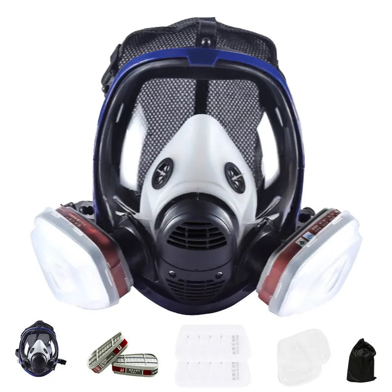Blue edge spherical full face gas mask with trapezoidal canister and activated carbon filtration system