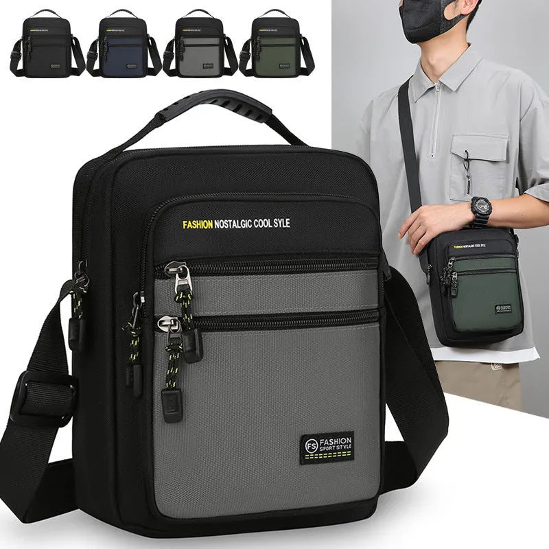 Men's crossbody bag with waterproof nylon construction designed for outdoor leisure, commuting, and daily urban use, featuring multiple storage compartments and a burden-reduction design available in green, black, dark blue, and grey solid colours.