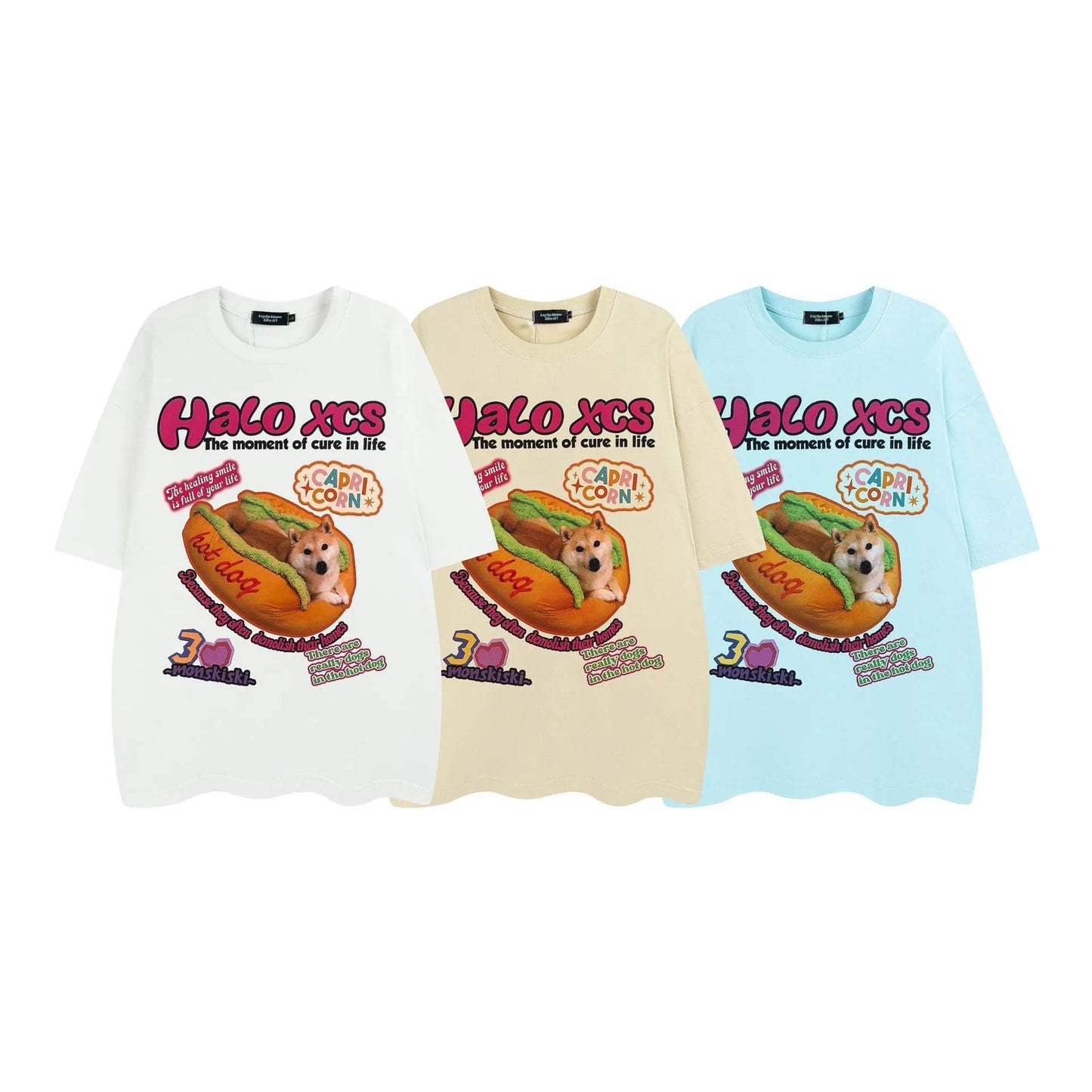 Cotton T-shirt with cartoon hamburger dog print in loose style, available in three colours