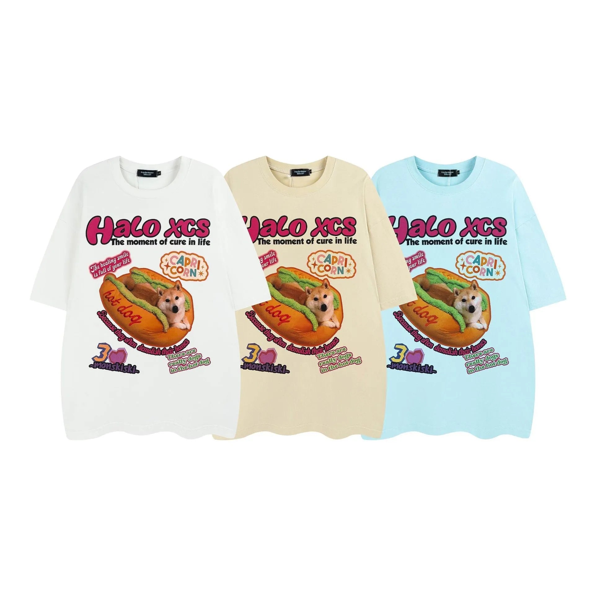Cotton T-shirt with cartoon hamburger dog print in loose style, available in three colours